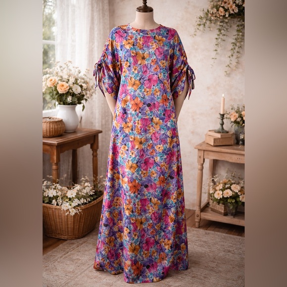 Dresses & Skirts - Vintage 1980s Floral, Home Sewn, Ruched Sleeve Maxi Dress